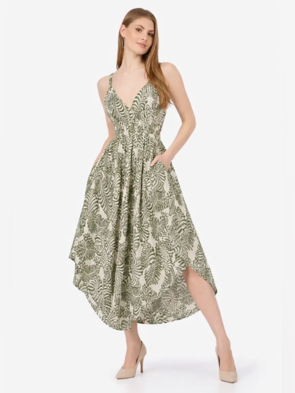 0258.  Harem/Boho Asymmetrical Hemline - Green /White Gold Accents Jumpsuit